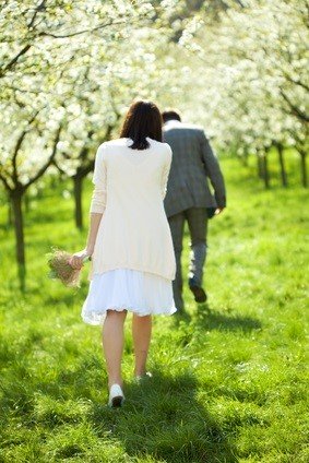 bride and groom outside