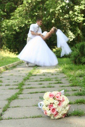 bride and groom outside