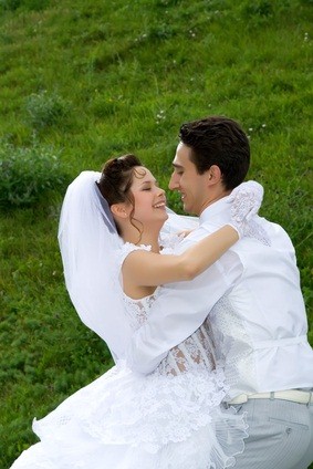 bride and groom hug