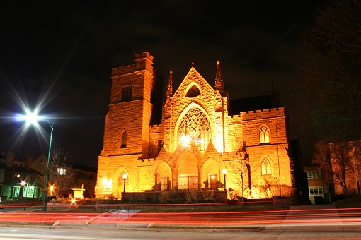 church lit up at night