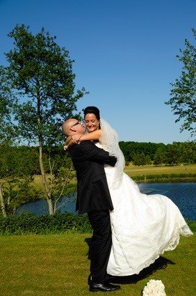 newlyweds at lake